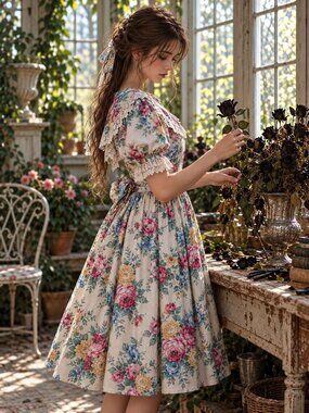 VTG 80s Susi Dee Floral Prairie Dress 8 Lace Collar Puff Sleeve Cottagecore